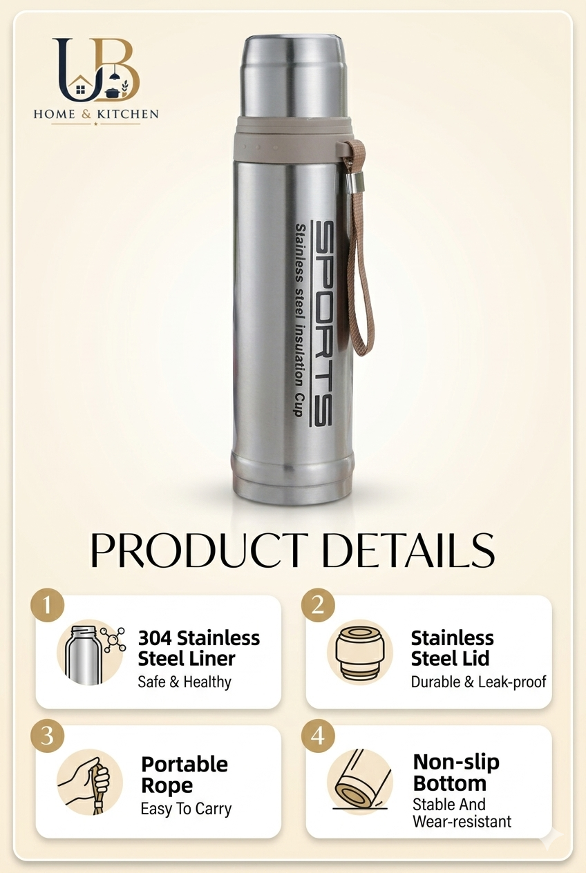 Premium Stainless Steel Vacuum Flask – Sports Thermos Bottle (Hot & Cold) | UB Home & Kitchen
