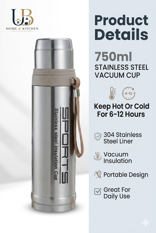 Premium Stainless Steel Vacuum Flask – Sports Thermos Bottle (Hot & Cold) | UB Home & Kitchen