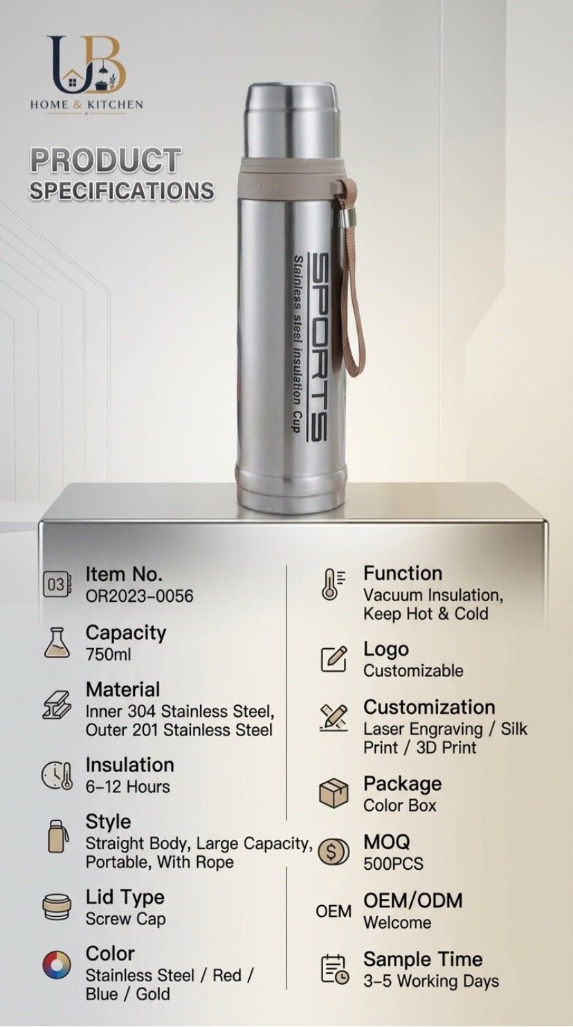 Premium Stainless Steel Vacuum Flask – Sports Thermos Bottle (Hot & Cold) | UB Home & Kitchen