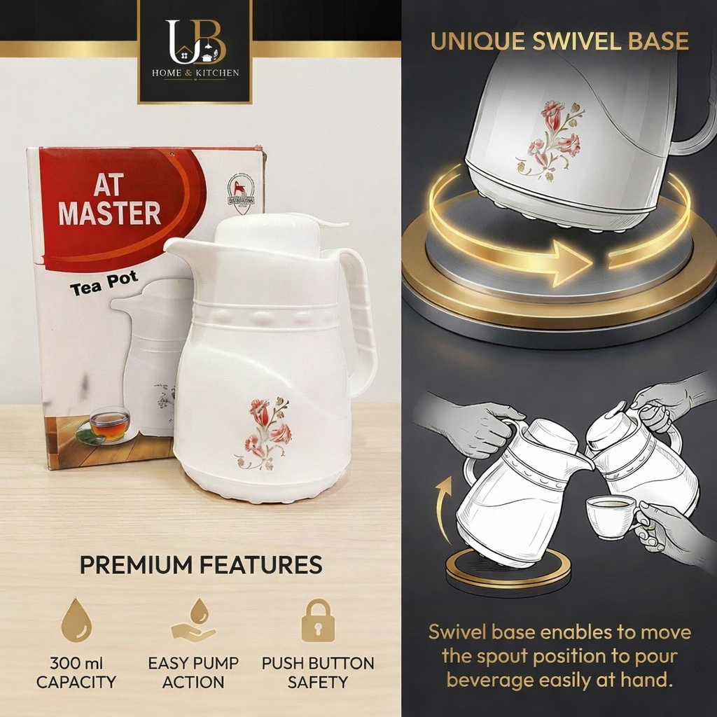 UB Home & Kitchen Premium 300ml Vacuum Insulated Tea Pot Flask | Push Button Thermos Jug | Hot & Cold Coffee & Tea Dispenser | Leakproof | 1 Year Warranty