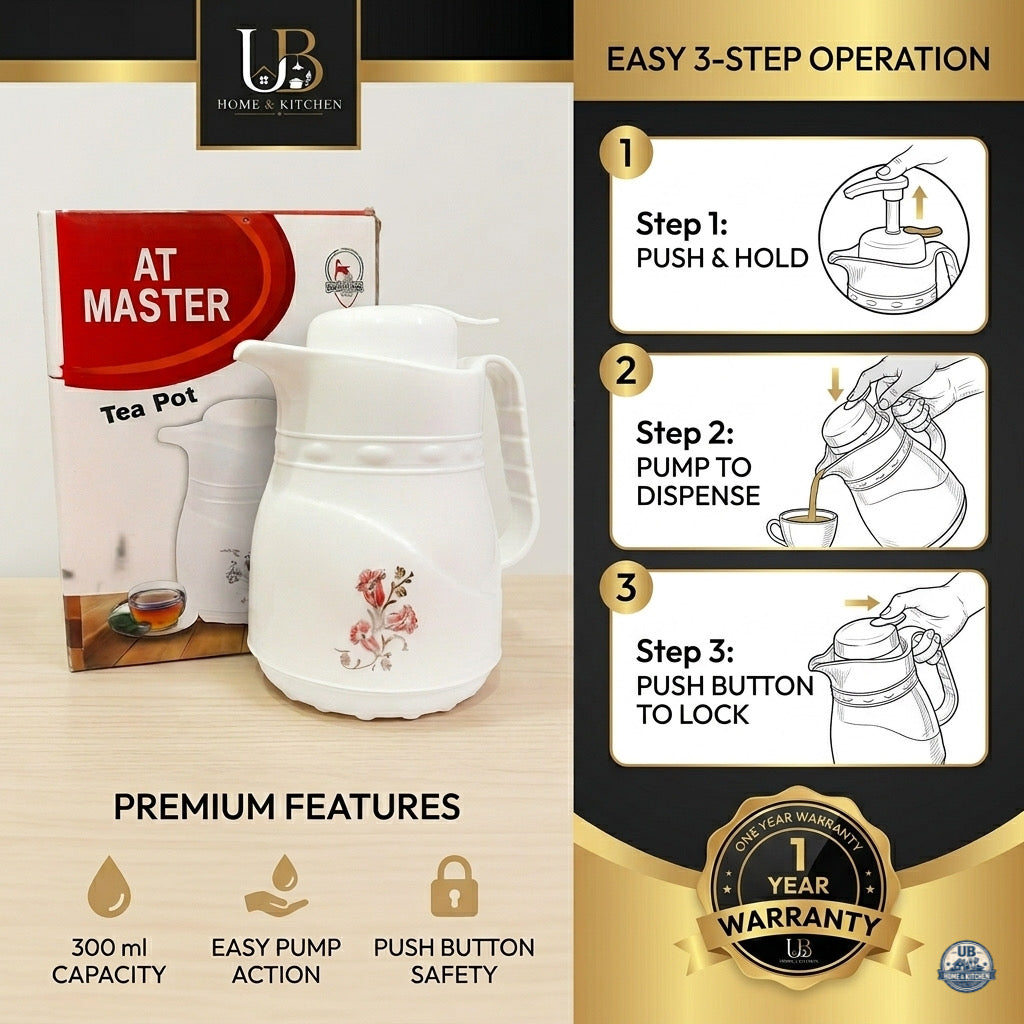 UB Home & Kitchen Premium 300ml Vacuum Insulated Tea Pot Flask | Push Button Thermos Jug | Hot & Cold Coffee & Tea Dispenser | Leakproof | 1 Year Warranty